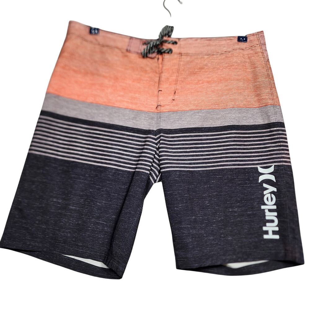 Striped Hurley Tie Front zippered Board Swim Shorts Size 34